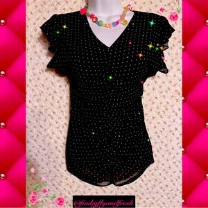 By Design size small black and white polka dot ruffle sleeve ruched blouse.